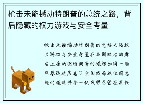 枪击未能撼动特朗普的总统之路，背后隐藏的权力游戏与安全考量