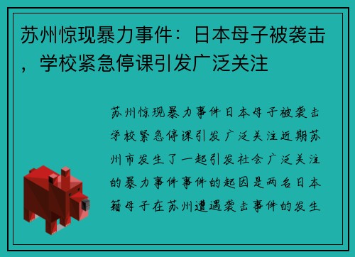 苏州惊现暴力事件：日本母子被袭击，学校紧急停课引发广泛关注