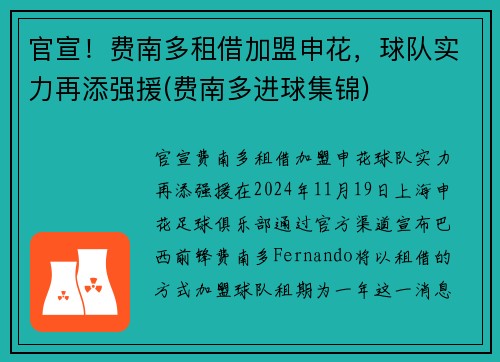 官宣！费南多租借加盟申花，球队实力再添强援(费南多进球集锦)