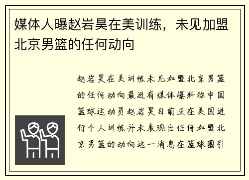 媒体人曝赵岩昊在美训练，未见加盟北京男篮的任何动向