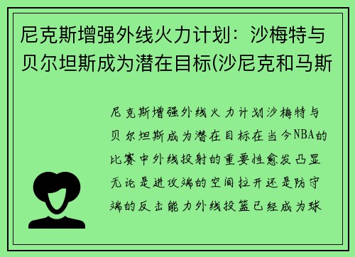 尼克斯增强外线火力计划：沙梅特与贝尔坦斯成为潜在目标(沙尼克和马斯特)